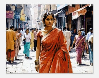 Mumbai Street Art - stedelijke Indiase vrouw in een saree canvasafdruk - etnische Bombay Heritage muur Home Studio kamer decor cadeau - klaar om op te hangen