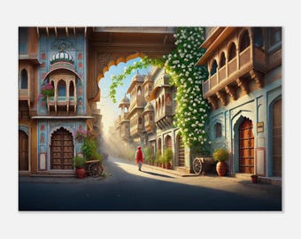 May include: A narrow, sunlit street in India with colorful buildings and a person walking down the middle. The buildings have intricate details and arched doorways. There are plants and flowers growing along the sides of the street.