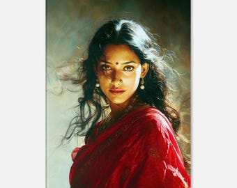 Pretty Indian Woman with an Intense Look in a Red Sari Canvas Print, Wall Art Ethnic Beauty Heritage Home Studio Tall Decor, Ready to Hang