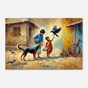 Indian Kids with a Mutt and a Crow Canvas Print, Wall Art Home Office Studio Kids Dorm Room Decor, Ethnic Heritage Gift, Ready to Hang Art