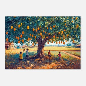 Village Boys Playing Under a Mango Tree Canvas Print, Wall Art Home Office Studio Dorm Room Decor, India Rural Landscape Gift, Ready to Hang