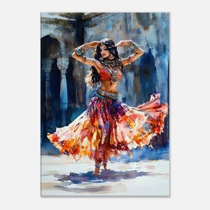 Indian Woman Dancing Canvas Print, Wall Art Home Studio Room Watercolor Decor Ethnic Gift Flowing Traditional Clothing Tribal, Ready to Hang