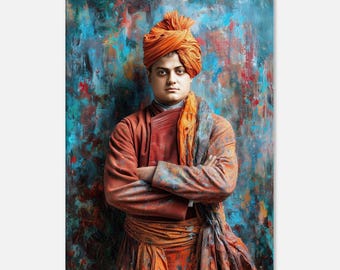 Swami Vivekananda levendige grunge kleur canvas print, Wall Art Home Office Studio slaapzaal decor, Indiase goeroe hindoe erfgoed cadeau, klaar om op te hangen