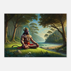 Lord Hanuman Meditating in the Forest, Canvas Print, Wall Art Home Office Studio Dorm Decor Indian Hindu Heritage Ethnic Gift, Ready to Hang