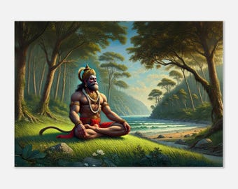 Lord Hanuman Peaceful Forest Meditatie canvasafdruk, Wall Art Home Office Studio Dorm Decor India Hindu Heritage Etnisch cadeau, klaar om op te hangen