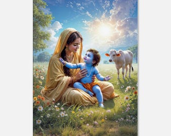Baby Krishna with Mother Yashoda in a Flowering Meadow Canvas Print, Wall Art Home Kids Room Tall Decor, Indian Hindu Gift, Ready to Hang