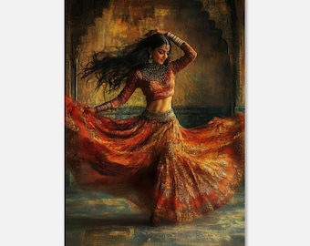 May include: A woman in a red and gold embroidered dress dances in a richly decorated room. Her hair is long and dark, and she wears traditional jewelry. The room is lit by warm, golden light.