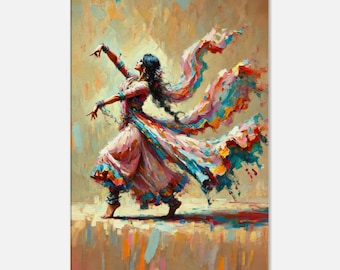 May include: A colorful painting of a woman in a flowing pink and blue dress, dancing with her arms outstretched. The background is a warm yellow with splashes of color.