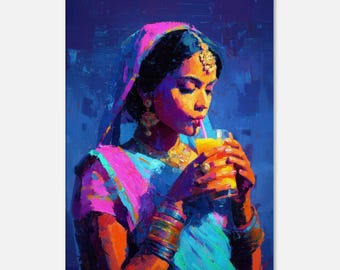 Impresión en lienzo de retrato de mujer india con ropa tradicional bebiendo mango Lassi, arte de pared de herencia étnica, decoración del hogar, regalo, listo para colgar.