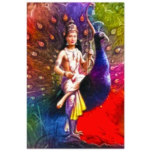 Lord Kartikeya 1930s Indian Commercial Reproduction on Museum Quality Archival Paper Art Print, Thirties Wall Art Decor Hindu Heritage Gift