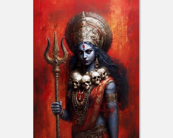 Dark Fantasy Goddess Kali with a Trident and a Skull Necklace Canvas Print, India Hindu Bengali Heritage Wall Art Home Decor, Ready to Hang