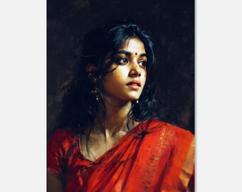 Indian Woman in a Red Saree Simple Portrait Canvas Print, Wall Art Ethnic Heritage, Home Office Studio Decor, Dark Background, Ready to Hang