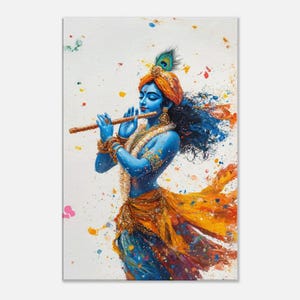 Lord Krishna spelar flöjt, hög canvastavla i livfulla färger, väggkonst, hemmakontor, studiodekor, hinduisk indisk gåva, redo att hängas