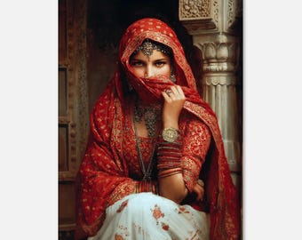 Impresión en lienzo de mujer marwari con joyas y ropa tradicionales, arte mural de herencia india rajasthani, decoración para sala de estar, estudio, lista para colgar.