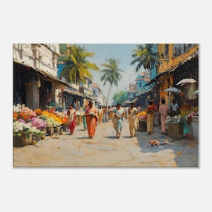 Chennai Street with Flower Shop Canvas Print, Wall Art Home Office Studio Room Decor, Indian Heritage Madras Tamil Nadu Gift, Ready to Hang