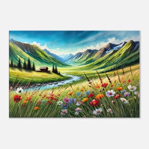 Himalayan Mountain Valley with Wildflowers Canvas Print, Wall Art Home Office Decor, Indian Heritage Scenery Landscape Gift, Ready to Hang