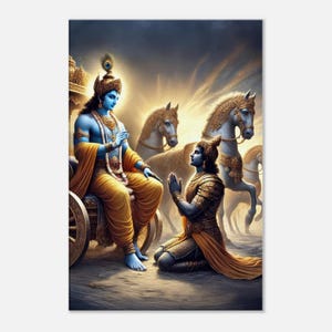 Lord Krishna Instructs Arjuna During the Kurukshetra War Canvas Print, Wall Art Home Office Decor, Hindu Heritage Gita Gift, Ready to Hang