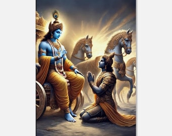Lord Krishna weist Arjuna während des Kurukshetra-Krieges an, Leinwanddruck, Wandkunst Home Office Decor, Hinduistisches Erbe Gita Geschenk, fertig zum Aufhängen