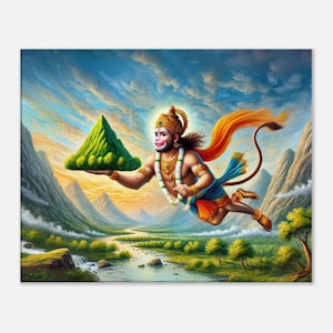 Lord Hanuman Flying with the Dronagiri Mountain Canvas Print, Sanjivani Herb, Hindu Heritage Mythology Gift, Wall Art Decor, Ready to Hang