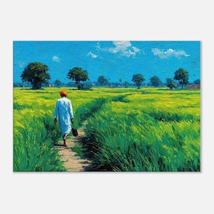 Punjab Farmland Scene with a Lone Worker Landscape Canvas Print, Wall Art Home Office Dorm Studio Decor, Indian Heritage Gift Ready to Hang