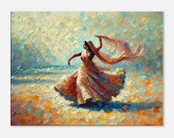 May include: A painting of a woman in a colorful dress dancing on a beach. The woman's dress is flowing in the wind and her hair is long and dark. The background is a bright blue sky and the ocean.