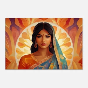 Elegant Indian Woman in a Sari Art Deco Style Canvas Print, Wall Art Home Office Dorm Living Room Decor, Heritage Ethnic Gift, Ready to Hang