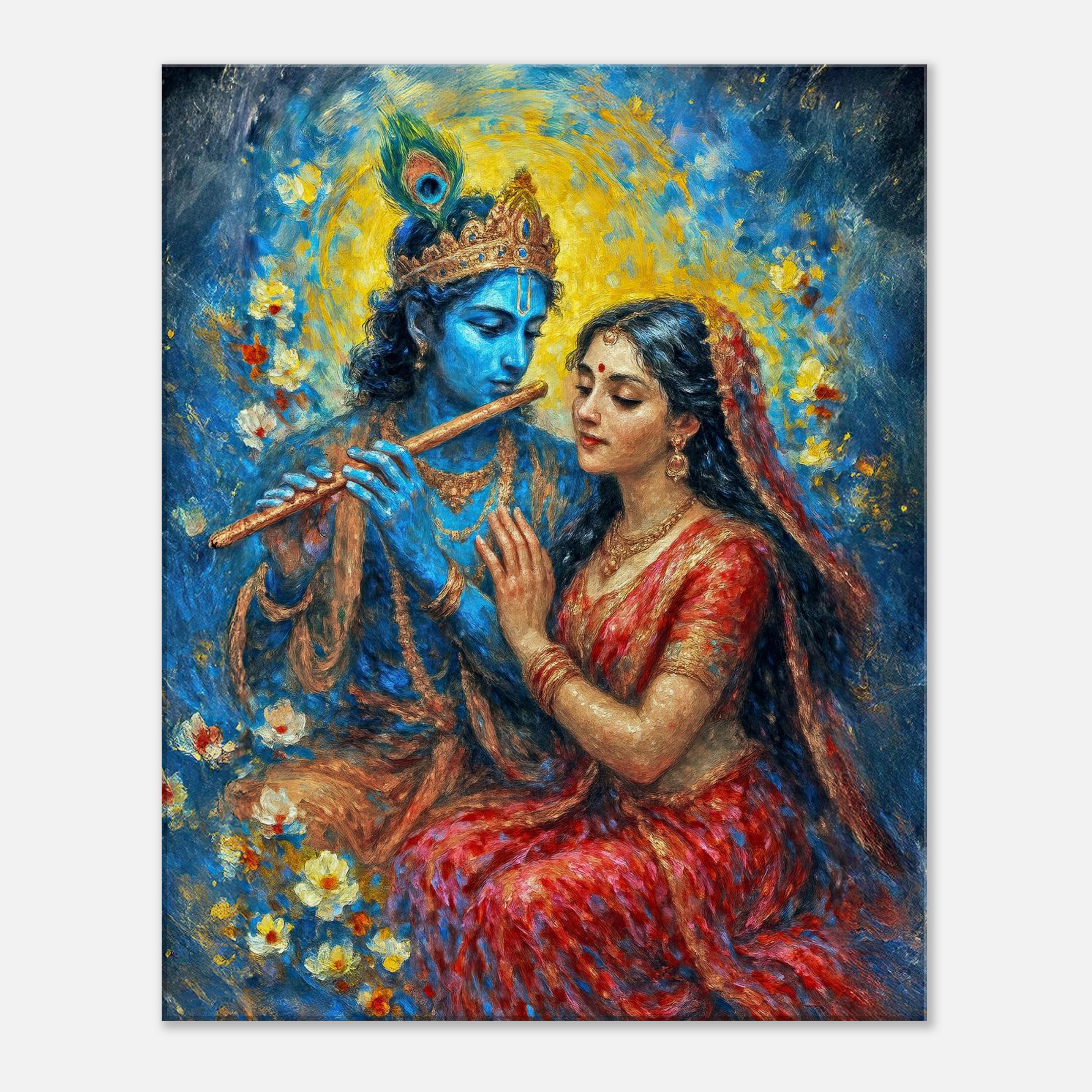 インド、ヒンドゥー教、伝統的絵画、手彩色、クリシュナ、シヴァ、布に彩色 クリシュナ神とラーダーの素晴らしいカラーキャンバスプリント