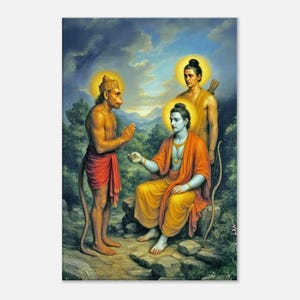 Lord Rama Gives Hanuman a Ring for Sita Canvas Print, Wall Art Home Office Room Decor, Indian Hindu Ramayana Heritage Gift, Ready to Hang