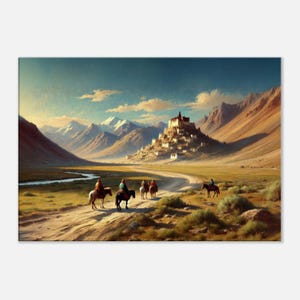 Remote Ladakh Monastery and Travelers Canvas Print, Wall Art Home Office Studio Dorm Fantasy Decor, Indian Landscape Gift, Ready to Hang