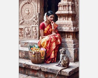 Lady and the Curious Monkey South Indian Temple Scene Canvas Print, Wall Art Hindu Heritage Tall Decor, Ready to Hang