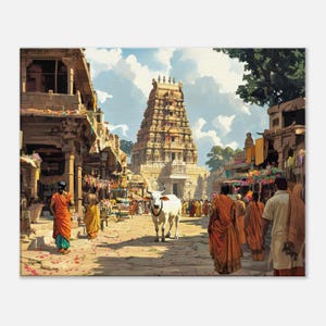 Southern India Temple Town Canvas Print, Wall Art Home Office Room Studio Dorm Decor Hindu Heritage Nostalgia Ethnic Gift, Ready to Hang Art