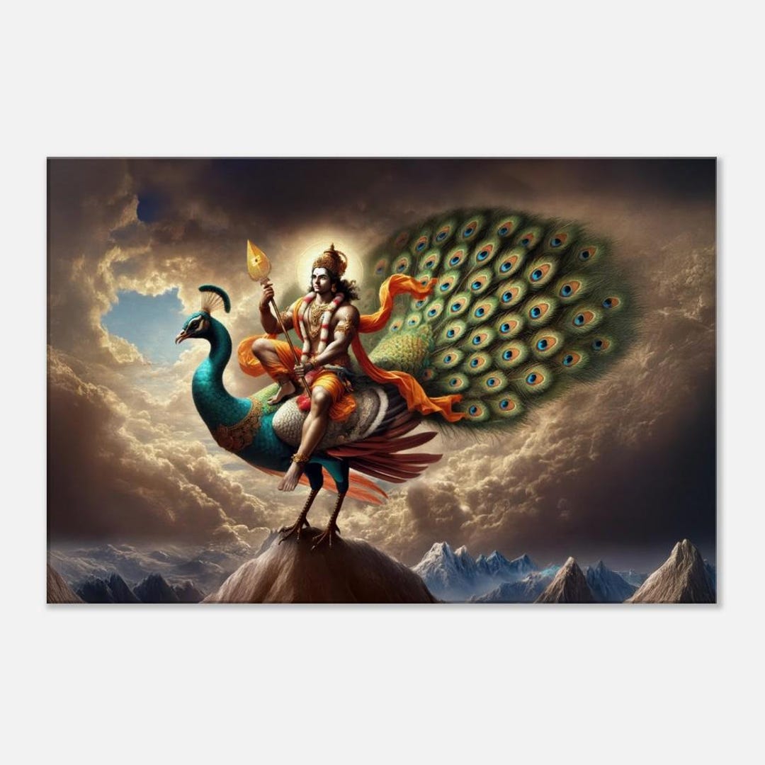 Lord Kartikeya Riding A Peacock Canvas Print Wall Art Home Living Room 