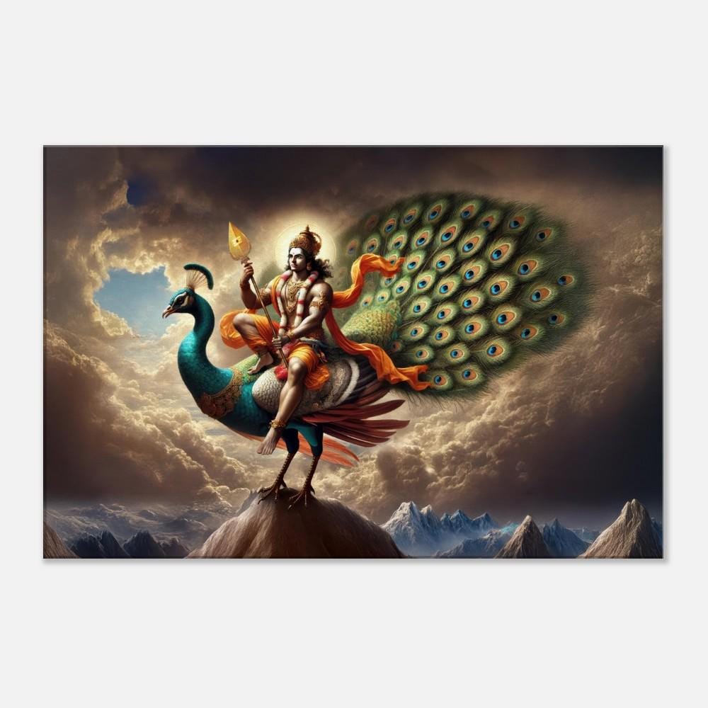 Lord Kartikeya reitet einen Pfau Leinwanddruck, Wandkunst Haus Wohnzimmer Studio Wohnheim Dekor, Hindu Murugan Indianerbe Geschenk, fertig zum Aufhängen