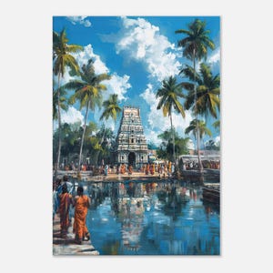 South Indian Temple and Tank Canvas Print, Tall Wall Art Home Office Studio Room Decor Heritage Gift, Palm Trees and Blue Sky, Ready to Hang