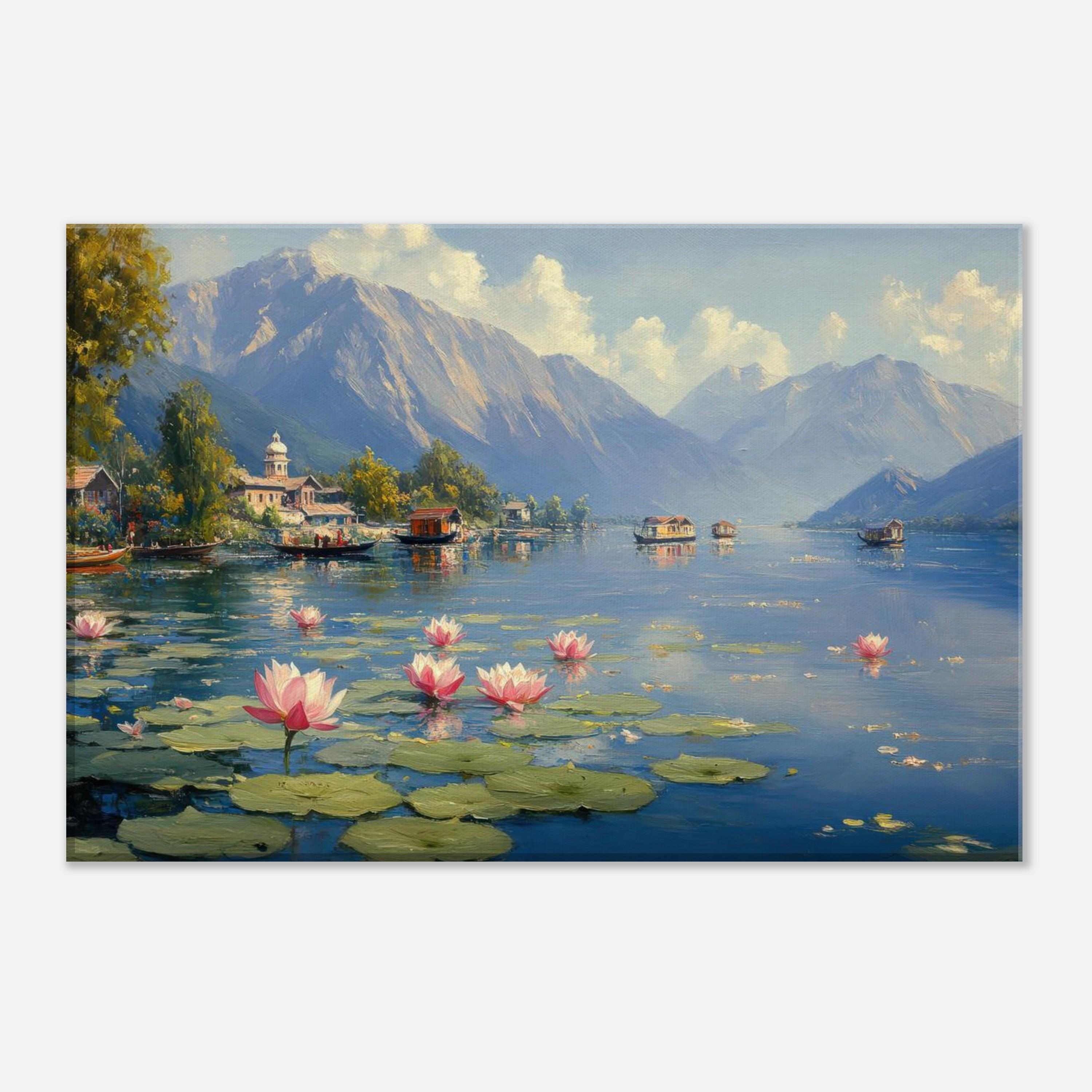 Kashmir Lake Dawn Scene With Lotus Flowers Canvas Print, Indian