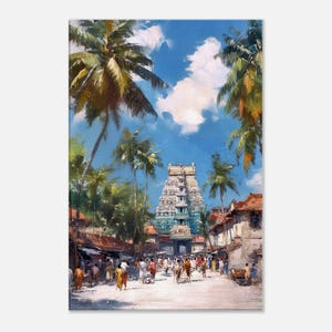 South Indian Temple Street on a Sunny Day Canvas Print, Wall Art Home Office Room Vertical Decor,  Tamil Nadu Heritage Gift, Ready to Hang