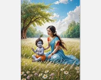 Baby Krishna and Yashoda in a Pastoral Sunlit Meadow Tall Canvas Print, Wall Art Home Studio Decor, India Hindu Heritage Gift, Ready to Hang