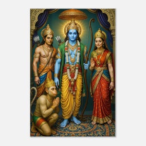 Sri Ram Parivar Lord Rama Lakshmana Sita and Hanuman Canvas Print, Wall Art Tall Decor, Hindu Ramayana Indian Heritage Gift, Ready to Hang