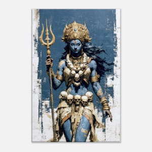 May include: An artistic depiction of a deity with blue skin, adorned with gold jewelry and a crown. The figure holds a golden trident and is surrounded by a blue and white textured background. The artwork features a detailed representation of the deity's attire and accessories.