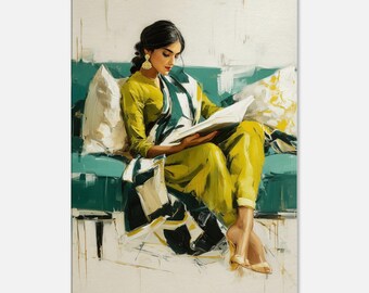 Pretty Indian Woman in a Mustard Salwar Kameez Reading a Book Canvas Print, Home Studio Room Decor, Modern Figurative Art, Ready to Hang