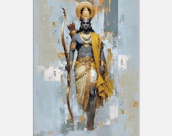 May include: An artistic painting of a figure in traditional Indian attire, holding a bow and arrow. The figure is adorned with gold jewelry and a yellow shawl, set against a backdrop of gray and gold brushstrokes. The artwork evokes a sense of cultural heritage and mythology.