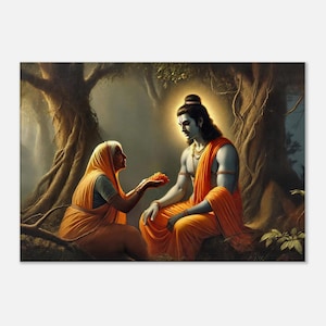 Lord Rama and Shabari Forest Scene from the Ramayana Canvas Print, Wall Art Home Office Decor Indian Heritage Hindu Devotion Mythology Gift