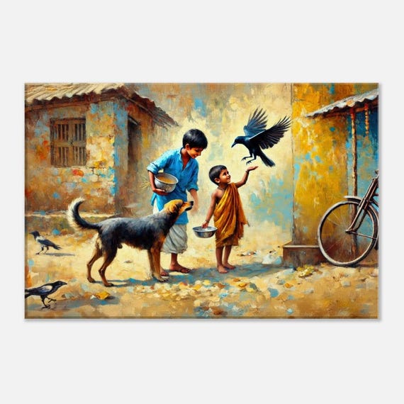 犬と人間のリアリズム絵画 木製フレーム 雑種犬とカラスを連れたインドの子供たちのキャンバスプリント