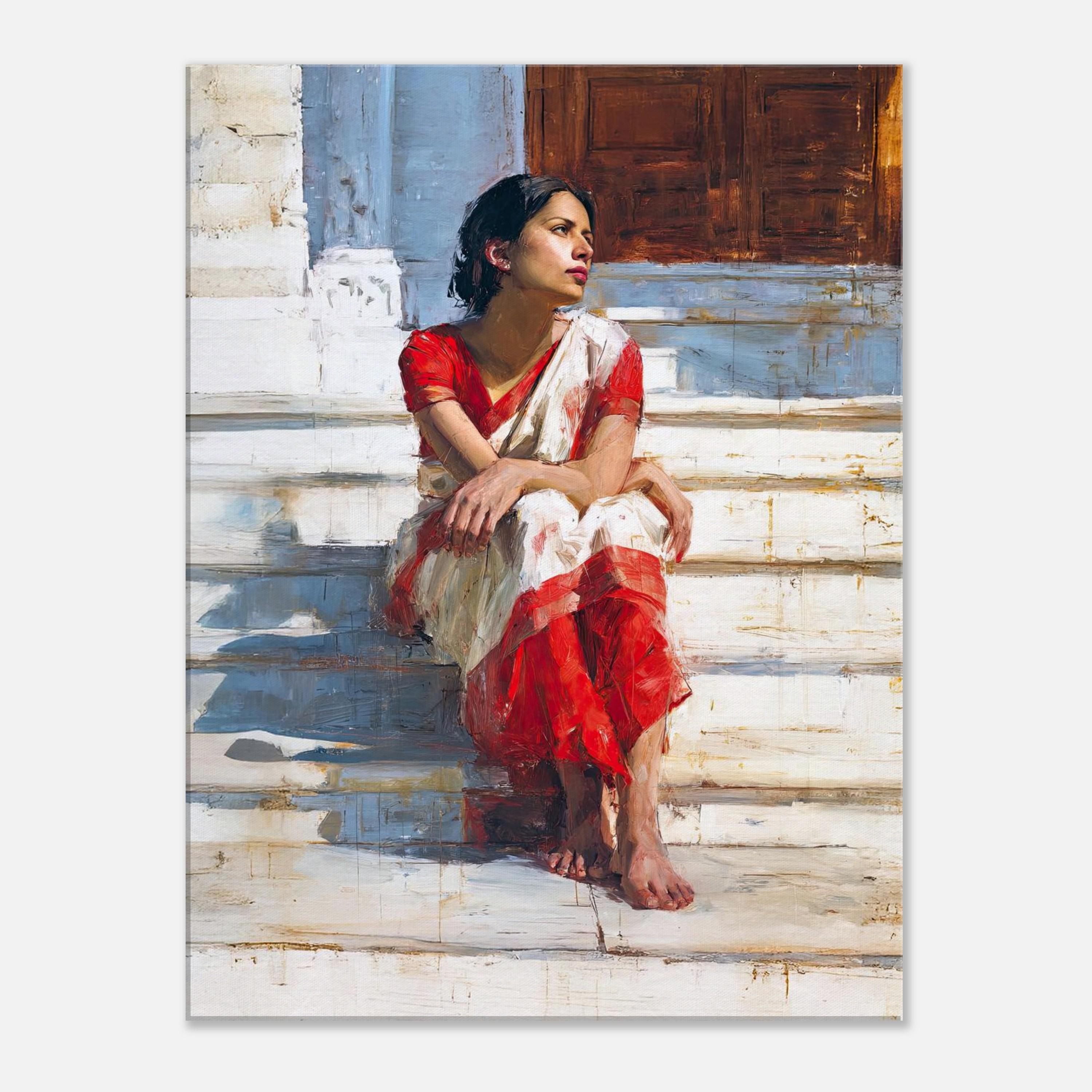 赤と白のサリーを着た物思いにふけるインド人女性 キャンバスプリント