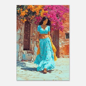 May include: A woman in traditional Indian attire, walking on a stone path. She wears a turquoise crop top and skirt with floral patterns, a yellow scarf, and gold jewellery. The background features a brick wall, a wooden door, and vibrant orange and pink flowers.