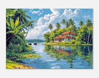 Tranquil Kerala Tropical Backwater Scene Canvas Print, Semi Rural Southern India, Wall Art Home Office Studio Room Decor Gift, Ready to Hang