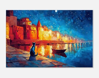 The Lone Varanasi Cat Under a Moonlit Sky Canvas Print, Wall Art Home Office Decor, India Benares Ganges River Heritage Gift, Ready to Hang