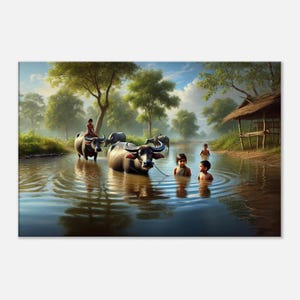 Water Buffaloes and Kids in India Canvas Art Print, Wall Home Office Studio Decor, Tropical Village Life India, Heritage Gift, Ready to Hang