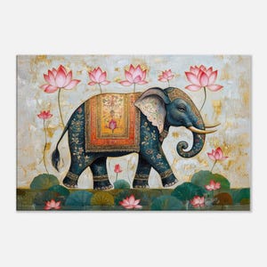 Indian Elephant Vintage Style Mural Canvas Print, Wall Art Home Office Living Room Studio Decor Ethnic Heritage Gift, Ready to Hang Art