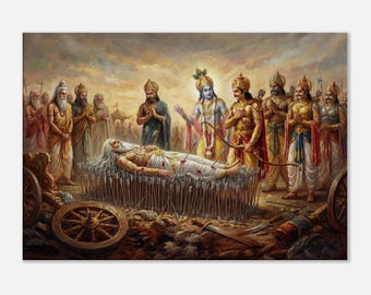 Fall of Bhishma: Krishna und die Pandavas in Kurukshetra Leinwanddruck, Wandkunst Home Office Mahabharata Hindu Heritage Decor, fertig zum Aufhängen